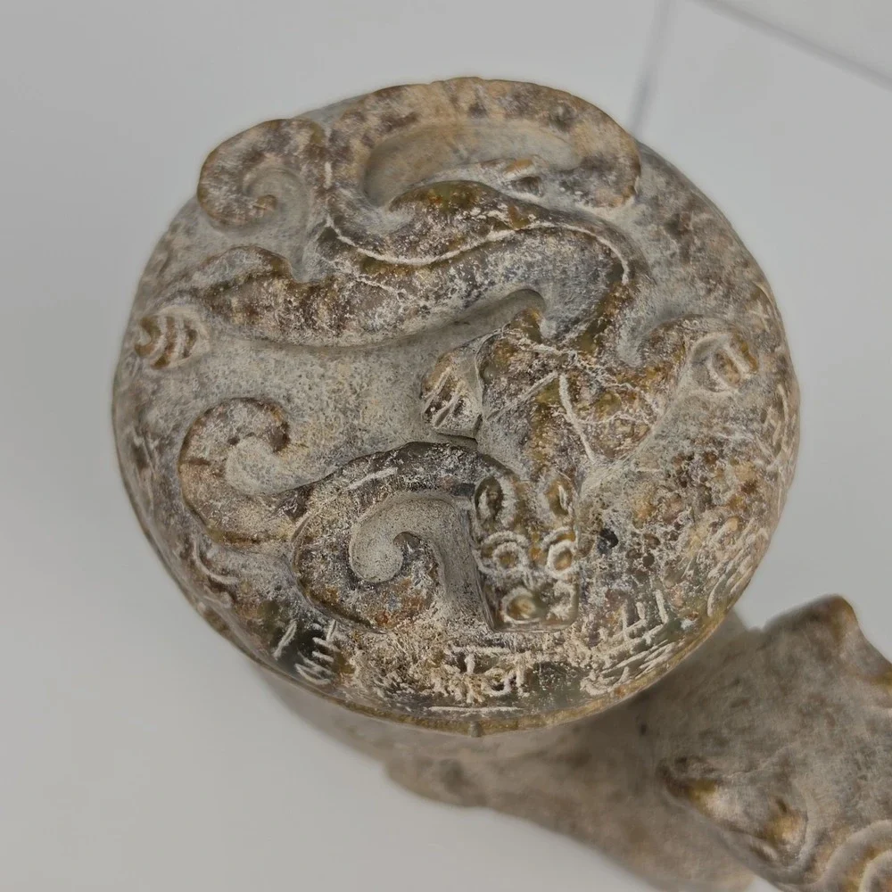 Chinese Carved Stone Gong Vessel Han Dynasty Style Dragon Lid Archaic READ